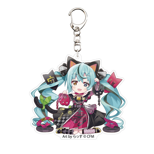 Hatsune Miku x Maneki-neko Acrylic Key Chain Art by Rassu Black Cat Sitting & Left Hand Raised