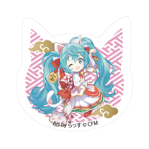 Hatsune Miku x Maneki-neko Cat Type Acrylic Magnet Art by Rassu White Cat Sitting & Left Hand Raised Crepe