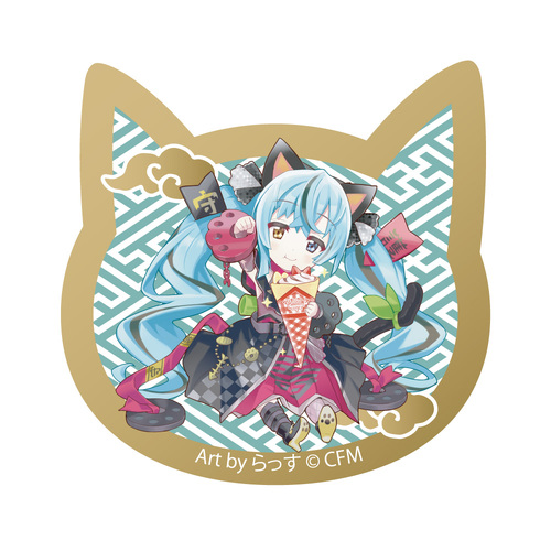 Hatsune Miku x Maneki-neko Cat Type Acrylic Magnet Art by Rassu Black Cat Sitting & Right Hand Raised Crepe