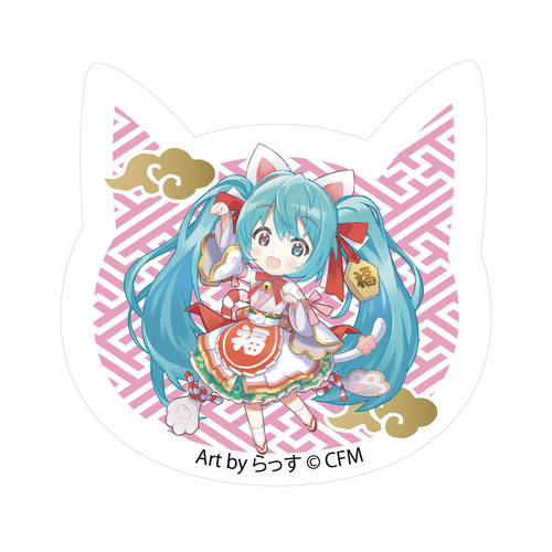 Hatsune Miku x Maneki-neko Cat Type Acrylic Magnet Art by Rassu White Cat Standing & Right Hand Raised