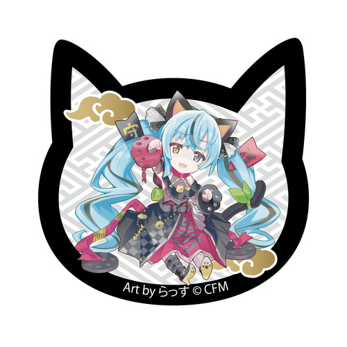 Hatsune Miku x Maneki-neko Cat Type Acrylic Magnet Art by Rassu Black Cat Sitting & Right Hand Raised