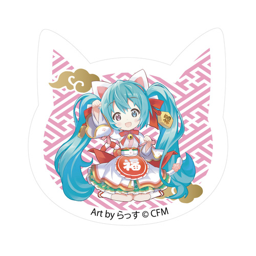 Hatsune Miku x Maneki-neko Cat Type Acrylic Magnet Art by Rassu White Cat Sitting & Right Hand Raised Crepe