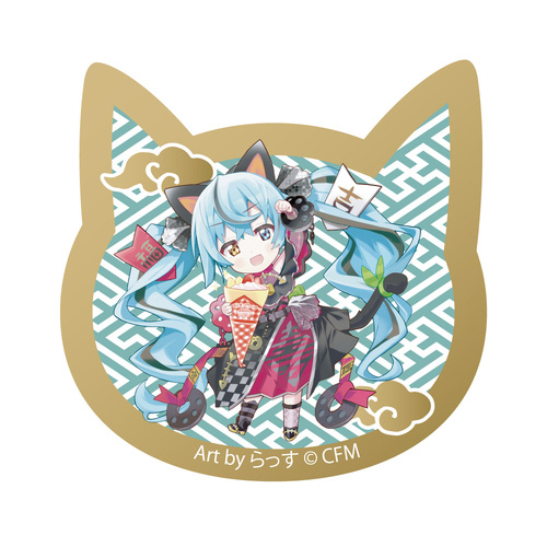 Hatsune Miku x Maneki-neko Cat Type Acrylic Magnet Art by Rassu Black Cat Standing & Left Hand Raised Crepe