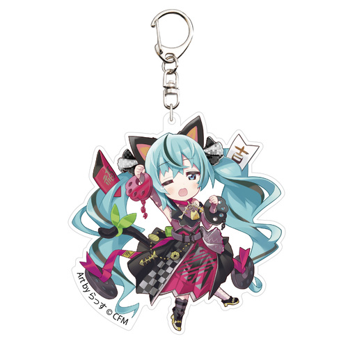 Hatsune Miku x Maneki-neko Acrylic Key Chain Art by Rassu Black Cat Standing & Right Hand Raised