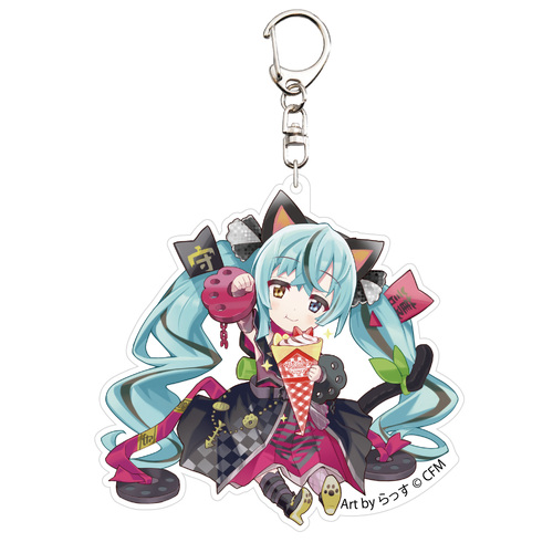 Hatsune Miku x Maneki-neko Acrylic Key Chain Art by Rassu Black Cat Sitting & Right Hand Raised Crepe