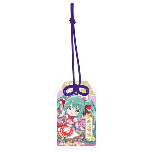 Hatsune Miku x Maneki-neko Omamori Style by Benefit Acrylic Key Chain Art by Rassu White Cat Standing & Right Hand Raised