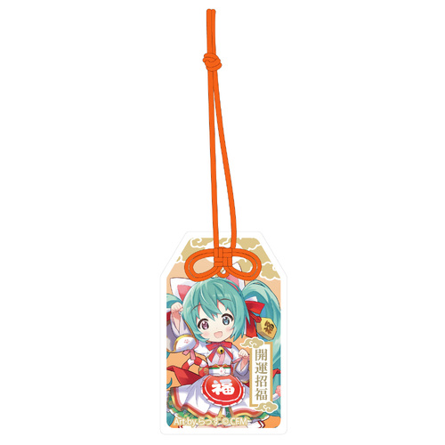 Hatsune Miku x Maneki-neko Omamori Style by Benefit Acrylic Key Chain Art by Rassu White Cat Sitting & Right Hand Raised