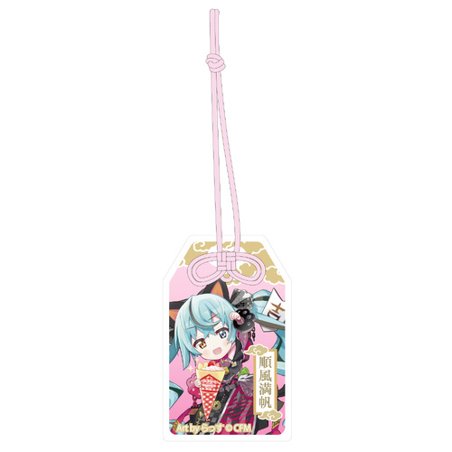 Hatsune Miku x Maneki-neko Omamori Style by Benefit Acrylic Key Chain Art by Rassu Black Cat Standing & Left Hand Raised Crepe