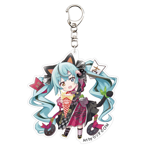 Hatsune Miku x Maneki-neko Acrylic Key Chain Art by Rassu Black Cat Standing & Left Hand Raised Crepe