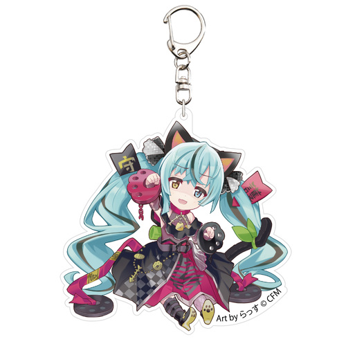 Hatsune Miku x Maneki-neko Acrylic Key Chain Art by Rassu Black Cat Sitting & Right Hand Raised