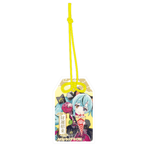 Hatsune Miku x Maneki-neko Omamori Style by Benefit Acrylic Key Chain Art by Rassu Black Cat Sitting & Right Hand Raised Crepe