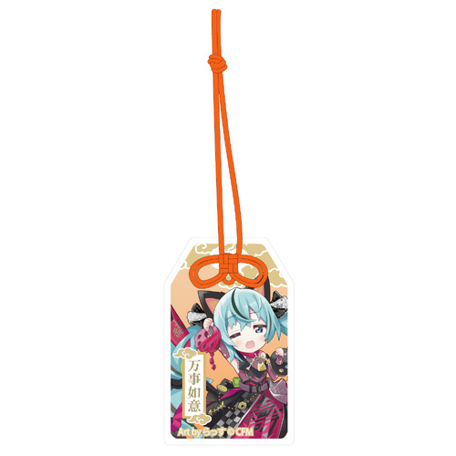 Hatsune Miku x Maneki-neko Omamori Style by Benefit Acrylic Key Chain Art by Rassu Black Cat Standing & Right Hand Raised