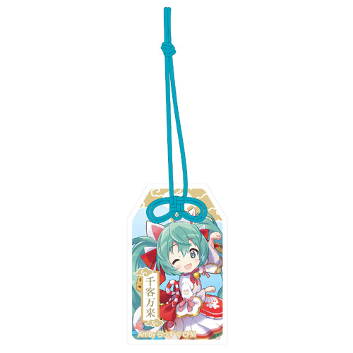 Hatsune Miku x Maneki-neko Omamori Style by Benefit Acrylic Key Chain Art by Rassu White Cat Sitting & Left Hand Raised